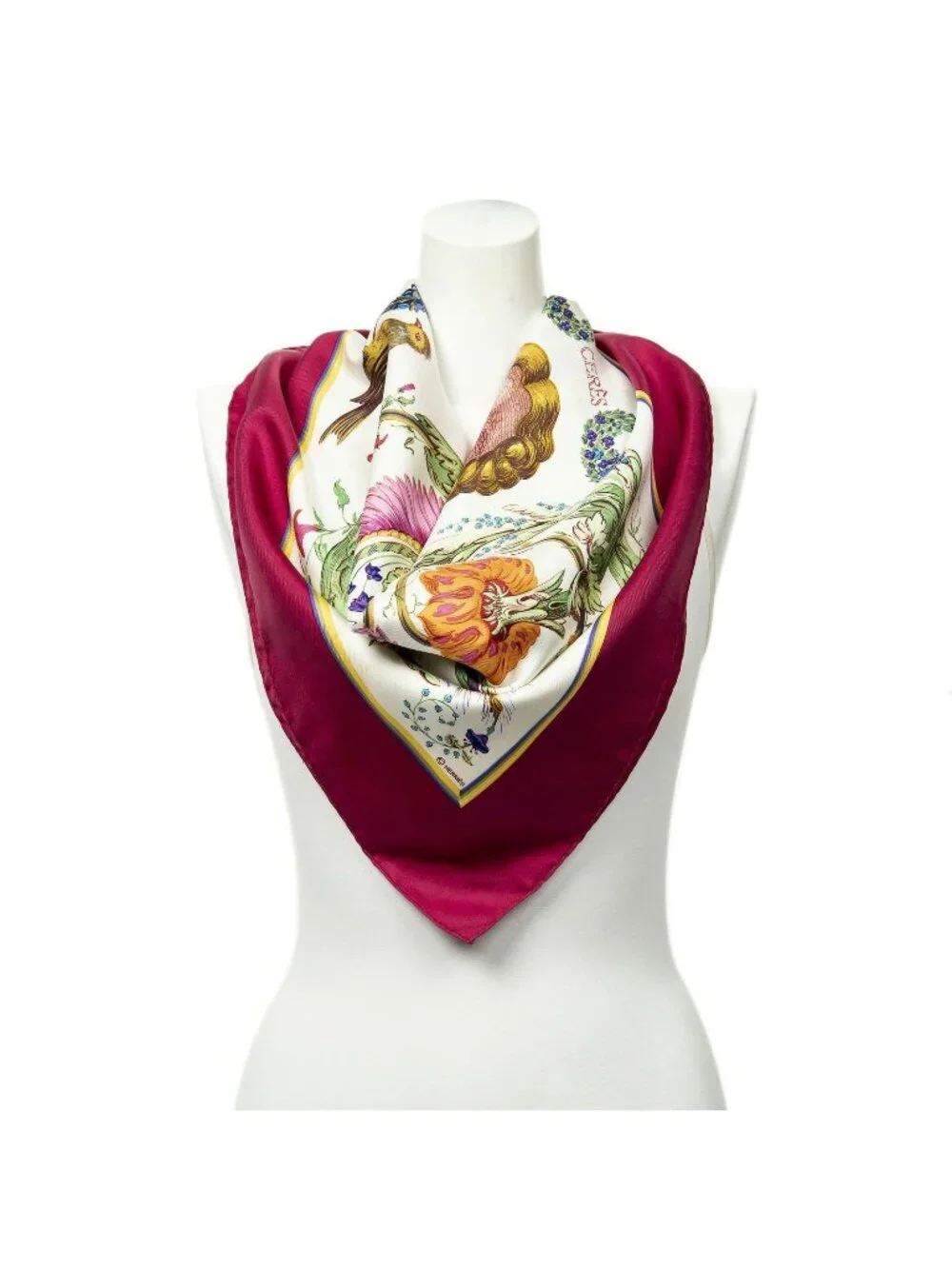 Hermes Scarf Fuchsia Green Ivory 100% Twill Silk